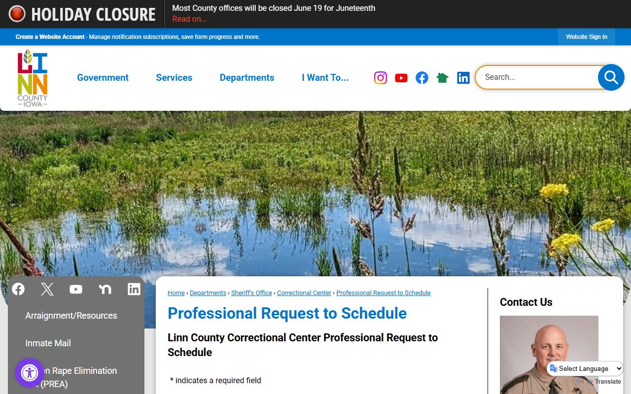 Linn County professional request form showing meeting blackout times and Zoom or phone options