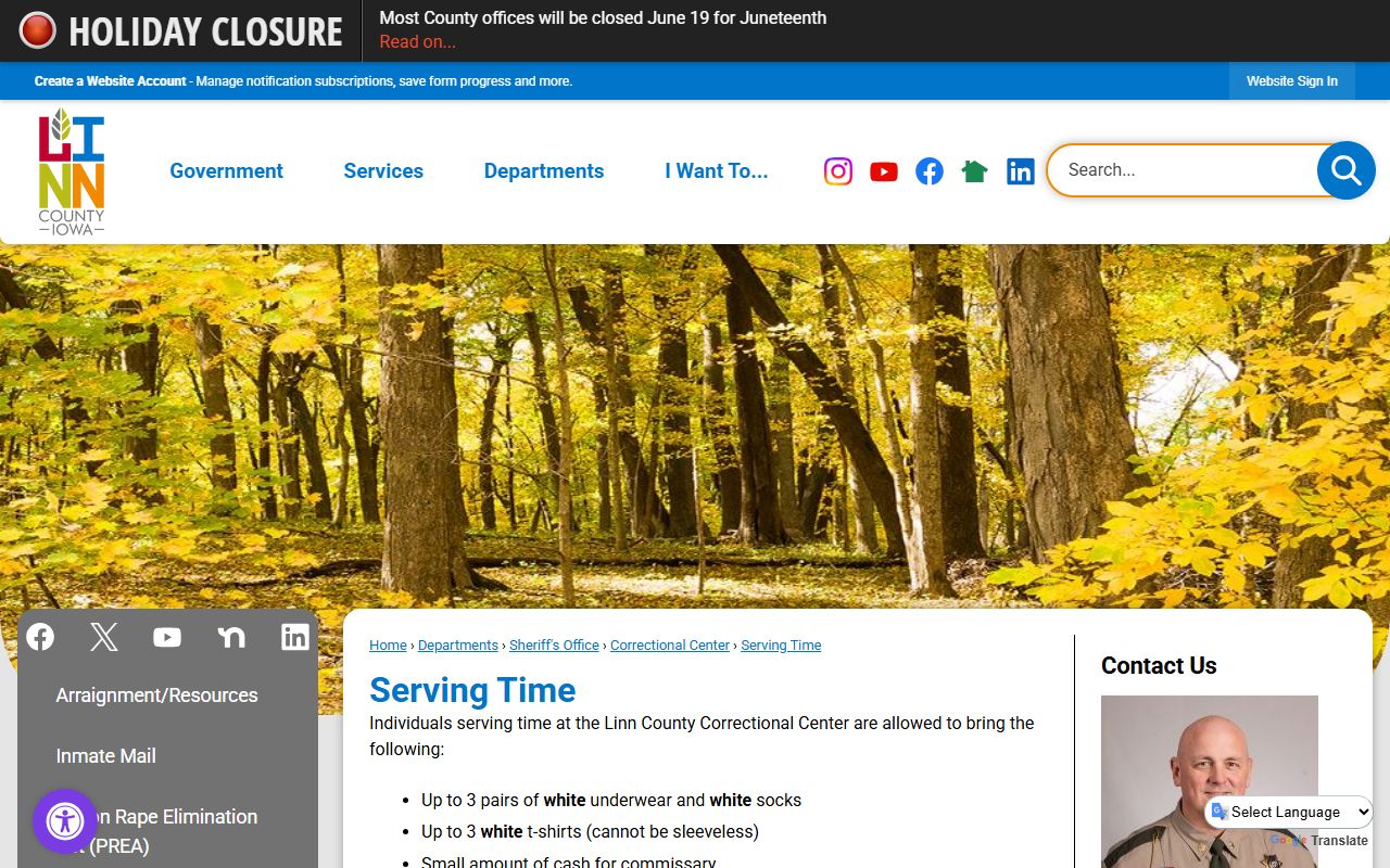 Linn County serving time page with commissary payment and inmate property rules