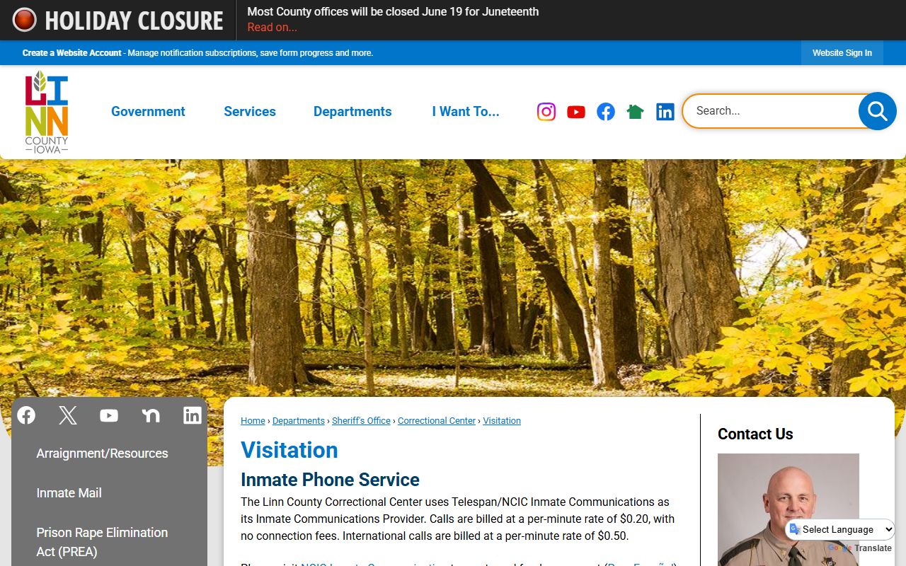 Linn County video visitation page with NCIC phone and video visit information